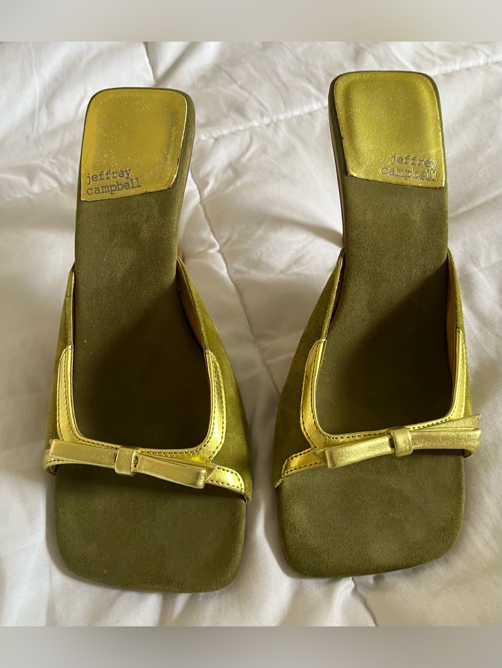 Jeffrey Campbell Olive Green and Gold Square-Toe Mules